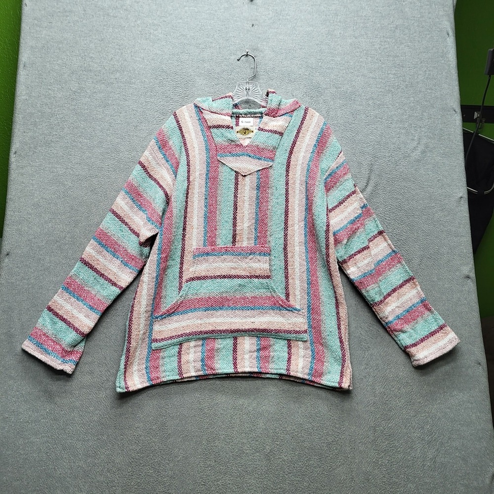 Earth Ragz Women Sweatshirt L Aqua Striped‎ Baja Hoodie Kangaroo Pocket Y2K